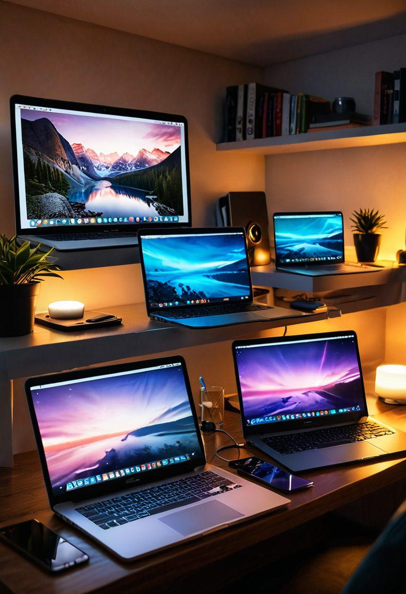 An enticing blend of high-quality laptops, tablets, and smartphones glowing with vibrant screens displaying a mosaic of both professional and amateur adult content thumbnails. The background should be a stylishly designed cozy room with soft ambient lighting. Image should convey a sense of accessibility and variety. super-realistic. vibrant colors. intimate atmosphere.