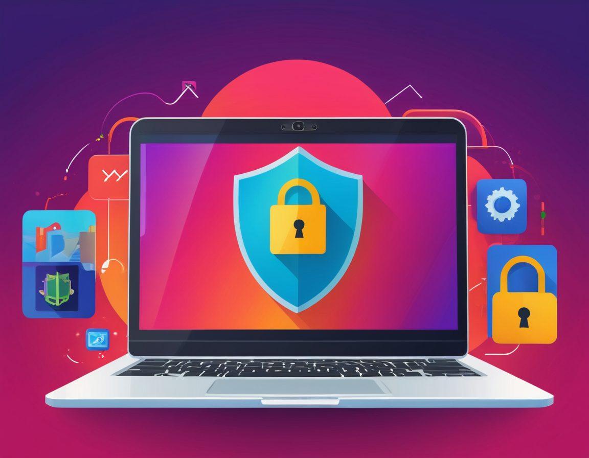 A sleek laptop screen showing a high-quality video player with mature content, with visible privacy settings icons such as a lock and shield. Surround the laptop with elements of security like an antivirus shield, VPN symbol, and a user with a confident, reassured expression. Vibrant colors with a minimalist, modern design. vector art.